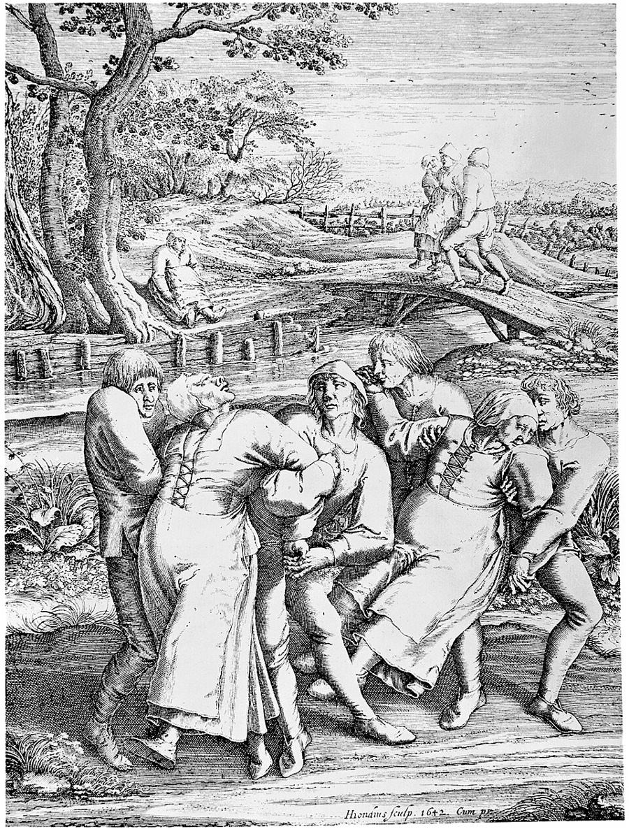 Engraving by Hendrik Hondius after Pieter Brueghel showing pilgrims affected by dancing mania