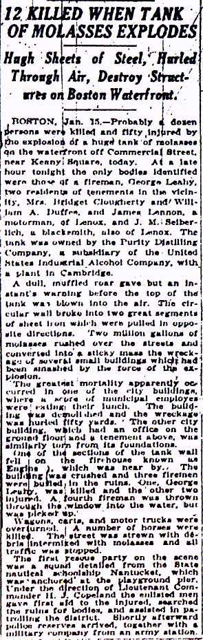 New York Times report on the Boston molasses disaster, January 1919